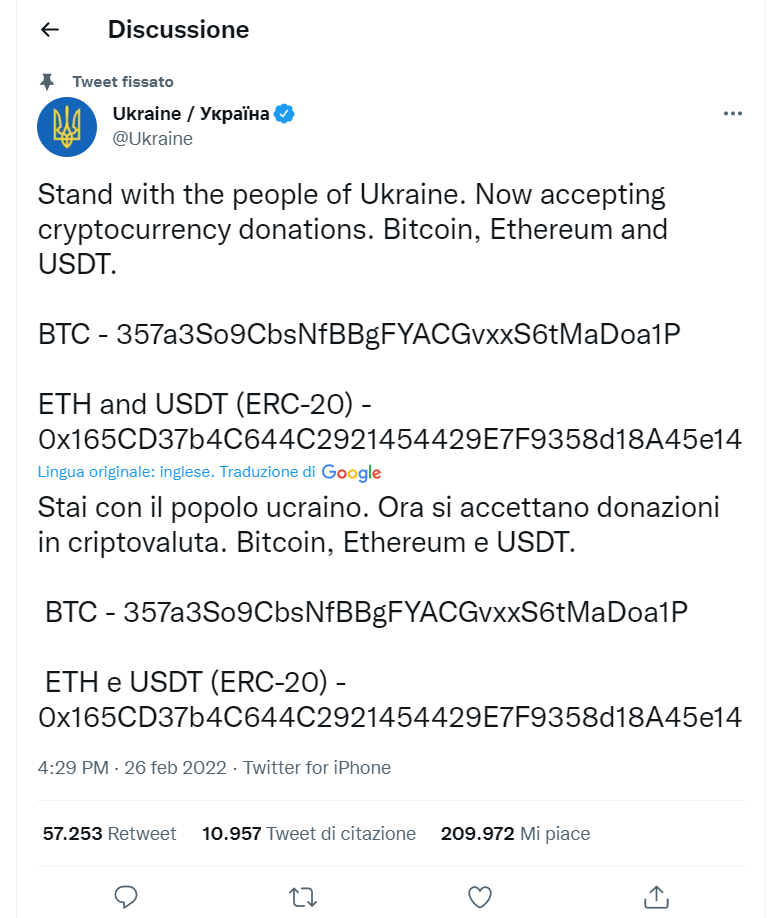 profilo twitter ucraina con rweet per donazioni in bitcoin ethereum e usdt