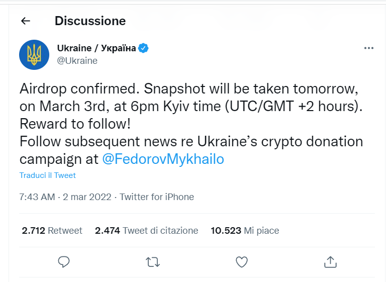 airdrop ucraina con token in regalo per chi ha donato bitcoin