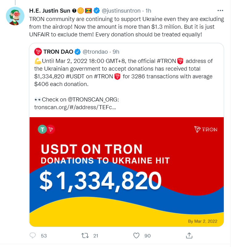 tweet di Justin Sun fondatore della blockchain tron sull'airdrop del governo ucraino