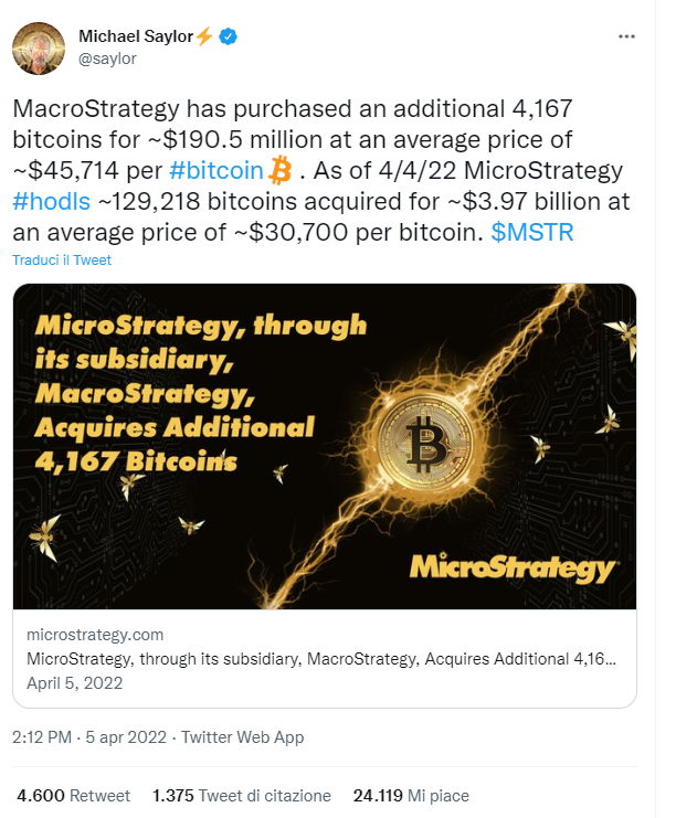 tweet di Michael J. Saylor fondatore microstrategy acquisto bitcoin